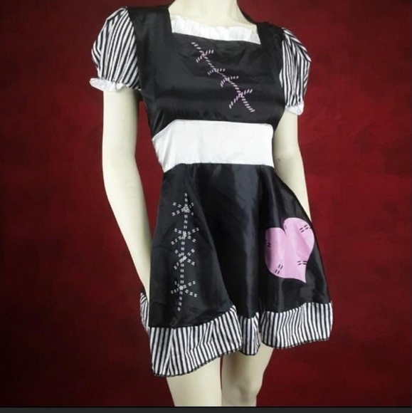 Goth baby doll dress with striped puffy sleves and ruffled hemline - Picture 3 of 4